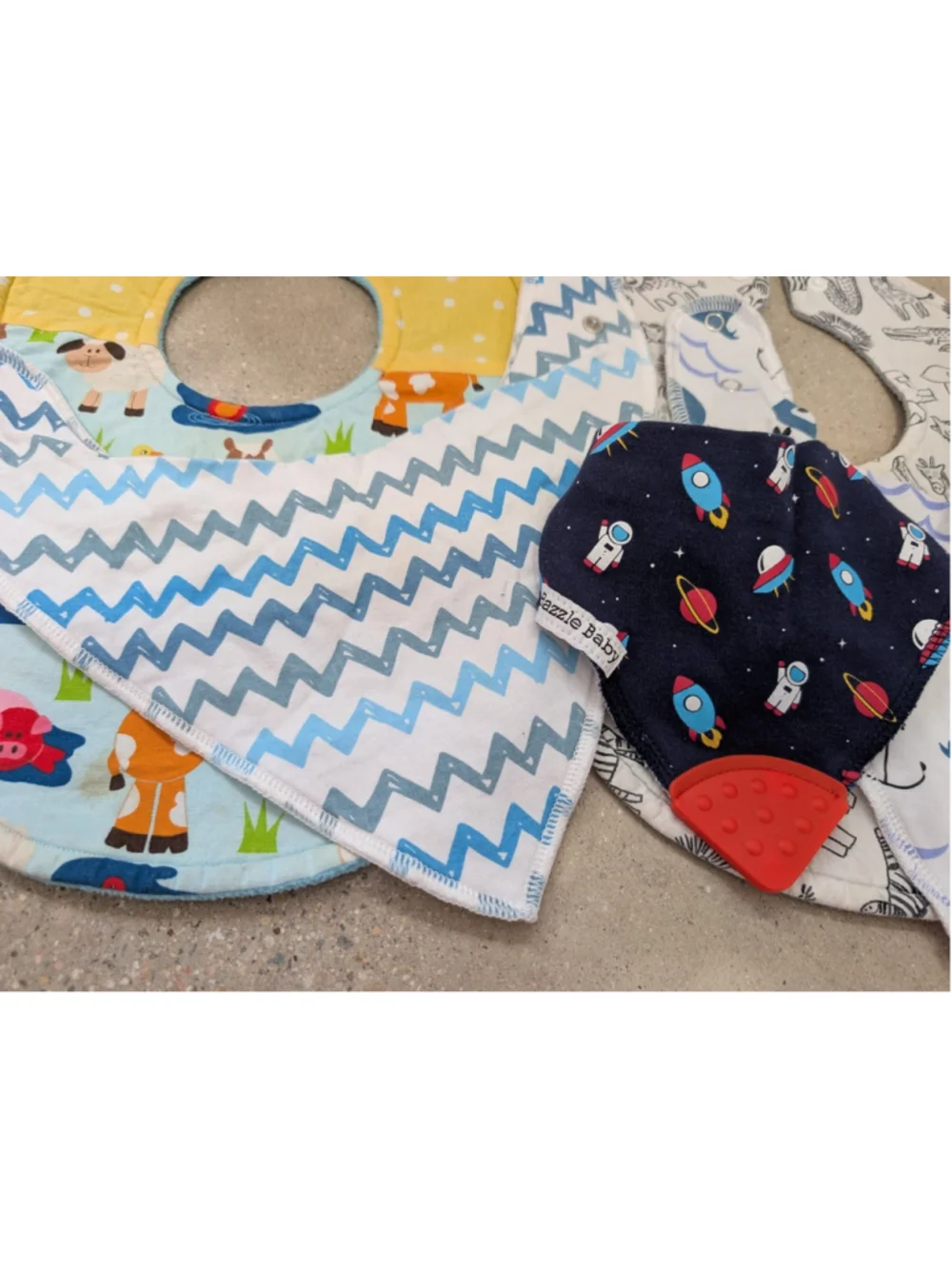 Lot Of 8 Baby Boy Bibs Feeding Drool Bandana Snap Closure Space animals Farm
